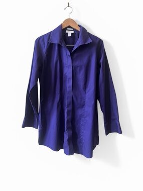 Chicos 2 No Iron Button Up Shirt Concord Purple Chic Stretch Flip Cuff Collared